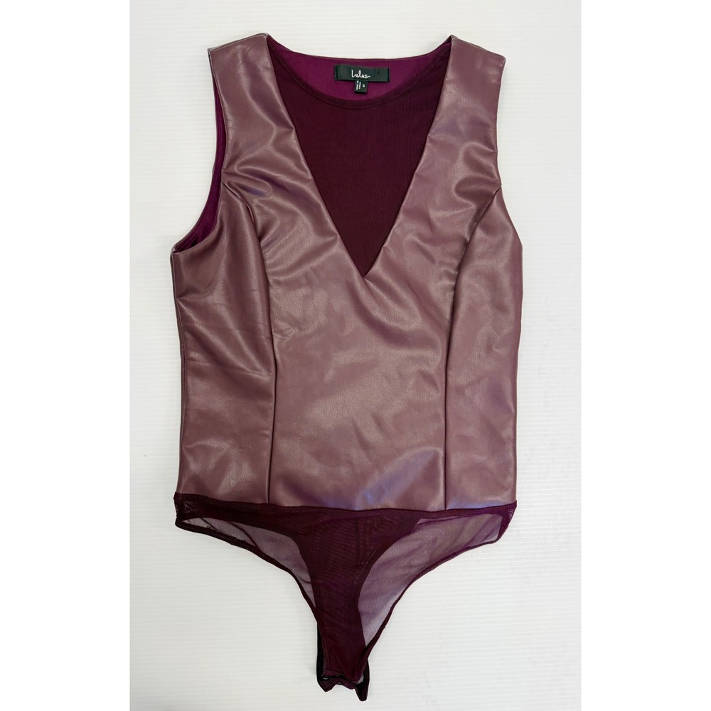 Lulus Plum Burgundy Faux Leather V-Neck Sleeveless Mesh Back Bodysuit Small